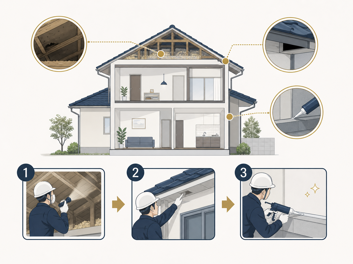 住まい全体を確認して侵入口を補修する流れのイラスト